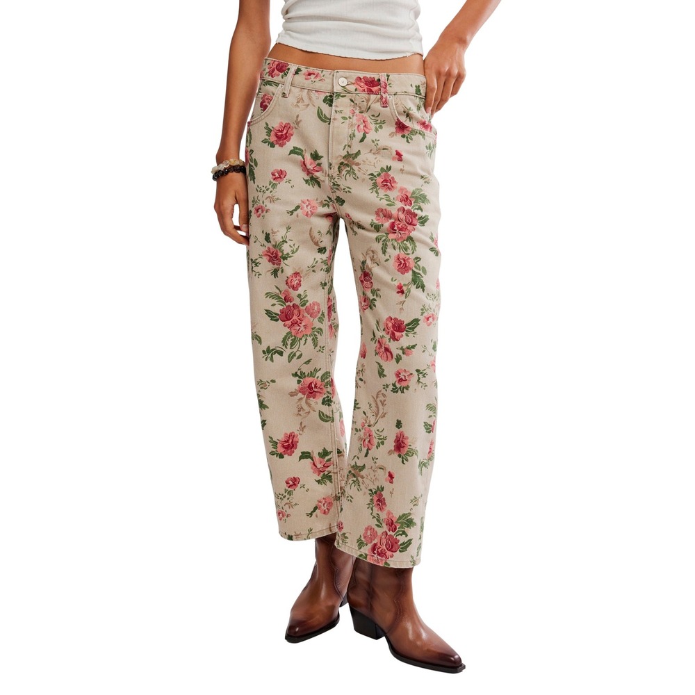 We The Free People Deep Trance Floral Wallpaper Printed Barrel Jeans Size 24 NWT
